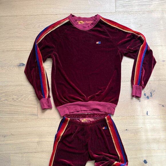 Aviator Nation Pants - Aviator Nation Burgundy Velvet Rainbow Stripe Tracksuit Set Made in USA